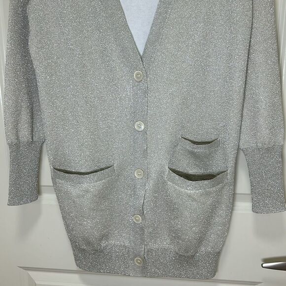 J. Crew Collection - Double-Knit Sparkle Long Cardigan Sweater - Size XS, Silver - Picture 7 of 17